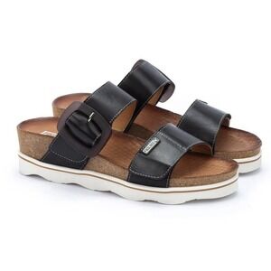 PIKOLINOS Women Size 38/ US 7.5-8 Menorca Wedge Leather Slip On Sandals Black